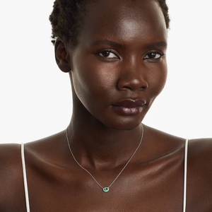 14K Gold East-West Oval <b>Emerald</b> Halo Necklace Lab Grown Diamond Petite Sideways Gemstone <b>Pendant</b> for Women Custom Fine Jewelry - Product Image 1