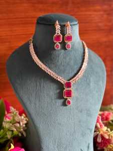 Ruby Red American Diamond Necklace and Earrings Set – Gold-Tone Indian Bridal Statement Jewelry for Women - Product Image 4