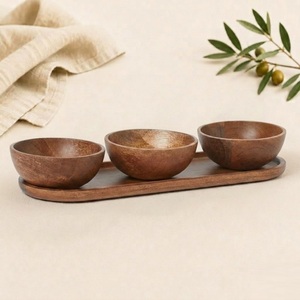Ensemble de bols à condiments en bois de manguier artisanal de qualité supérieure avec plateau ovale, bols ronds écologiques pour les collations, les noix et les sauces - Product Image 4