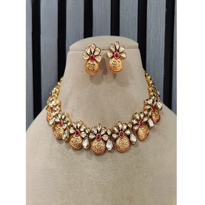 Exquisite Gold Plated Alloy Flower Necklace Earrings <b>Set</b> with <b>Crystal</b> Rhinestone and Red Stone for Women Wedding Jewelry - Product Image 1