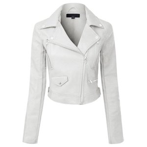 White Knitted Leather Motorcycle <b>Jacket</b> for <b>Women</b> Regular Windproof Zipper Collar Long Sleeve Custom Logo <b>Spring</b> Autumn Winter - Product Image 1