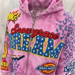 Snowgrace Pink <b>Leopard</b> <b>Print</b> Zip-Up Hoodie Unisex Streetwear Crop Fit Embroidered Design Oversized Hooded <b>Sweatshirt</b> - Product Image 6
