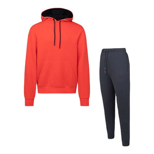 Ensemble survêtement pour homme, sweat-shirt à capuche rouge avec pantalon noir, couleur unie, vêtements décontractés, manches longues, fermeture à cordon, 100% coton - Product Image 1