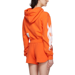 Ensemble short et sweat à capuche en polaire orange pour femme, manches longues, imprimé streetwear, printemps-été, deux pièces, crop top avec poche - Product Image 2