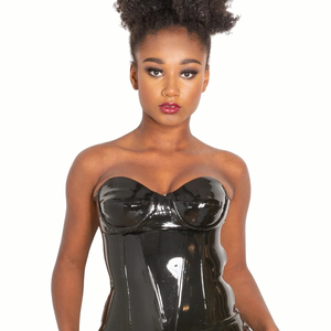 Body corset sans bretelles en cuir PU noir pour femme avec coussinets push-up, lingerie sculptante et demi-jupe à strass - Product Image 2