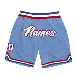 Shorts de basket-ball en mesh sublimé bleu clair et rouge pour hommes, respirants, en polyester, pour l'entraînement et les matchs d'équipe - Product Image 1