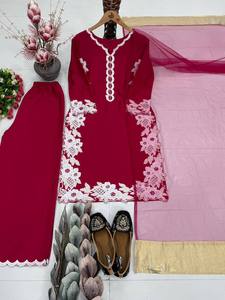 Ensemble Salwar Kameez en Soie Naturelle pour Femme, Broderie Lourde, Palazzo, Dupatta, Dentelle Florale, Tenue de Mariage et de Fête - Product Image 4