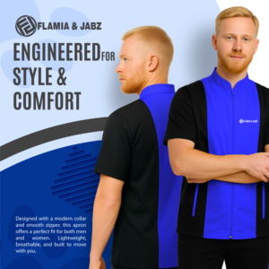 Chaqueta de Trabajo Unisex de Manga Corta FLAMIA JAZZ, Azul Claro y Negro, Algodón Ecológico, Estilo Moderno, Diseño Práctico, Uso Personal - Product Image 4