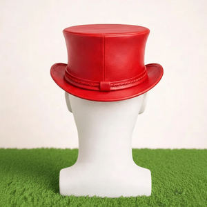 Sombrero de copa rojo unisex de cuero hecho a mano de primera calidad, con banda trenzada, estilo vintage gótico steampunk, regalo para él. - Product Image 2