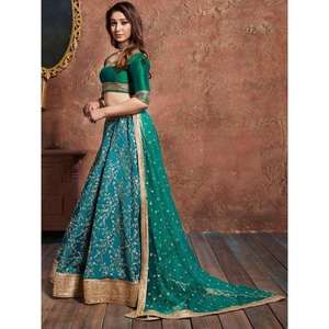Teal Green <b>Sequins</b> <b>Art</b> Silk Wedding Wear Lehenga Choli - Product Image 3