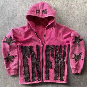 Sudadera con capucha para hombre personalizada, de tejido grueso y pesado, con corte y costura, estilo vintage, con cremallera, parche bordado, lavado ácido. - Product Image 2
