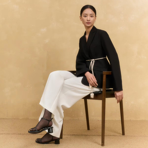 Full Length Notched Collar Full Sleeve 2 Piece Long <b>Set</b> Solid Plain Dyed Woven Silk Asymmetric Breathable Office Women's <b>Blazer</b> - Product Image 1