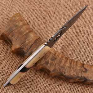 Cuchillo de Caza de Acero de Damasco con Punta Caída, Mango de Hueso, Funda de Cuero, Hoja Fija, Supervivencia al Aire Libre, Táctico, OEM - Product Image 4