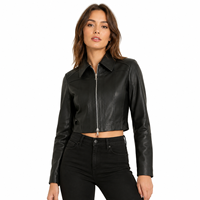 Veste en cuir véritable pour femme, coupe ajustée, style motard, en peau de mouton souple, zippée, streetwear de luxe, noire