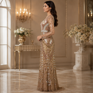 Vestido de Noche de Lujo con Cuello en V y Adornos Dorados para Mujer, Vestido de Sirena con Lentejuelas y Cuentas, Manga Larga, para Fiesta Formal, Boda, Recepción - Product Image 2