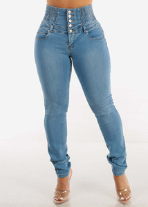 High Waist Light Blue Skinny <b>Jeans</b> With Button Closure Stretch Denim Women's Casual Pants - Product Image 2