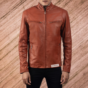 แจ็กเก็ตหนังแท้สำหรับผู้ชายแบบดั้งเดิมคลาสสิกดั้งเดิมรถจักรยานยนต์ที่ทันสมัยกันน้ำพร้อมคอตั้งสีแทน - Product Image 5