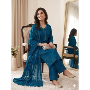 Conjunto de Traje Palazzo Mal Chanderi Elegante Más Vendido con Bordado de Lentejuelas y Espejo Hecho a Mano y Dupatta de Organza Premium - Product Image 1