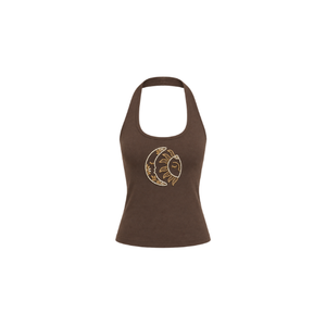 Brown Halter Neckline Tank <b>Top</b> with Embroidered Sun and Moon Design Casual Style Breathable Eco-Friendly Daily Wear Tank <b>Top</b> - Product Image 1