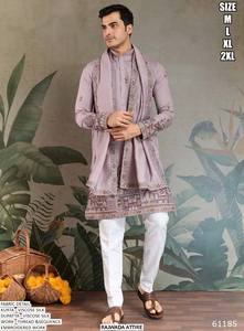 Ensemble Kurta pour homme en viscose, coupe régulière, longueur au sol, brodé Bandhani traditionnel, séchage rapide, idéal pour mariage et Diwali - Collection Desert Royal - Product Image 6