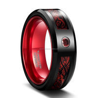 Bague de genre POYA en tungstène bicolore, fibre de carbone bleue, incrustation de dragon noir, anneaux en aluminium anodisé rouge, vert, bleu pour hommes