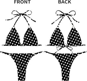 Women Black White Dot <b>Bikini</b> Set Halter Two Piece Swimwear With Gold Rings Thong Bottom Stretch Spandex - Product Image 4