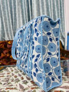 Blue Handmade Quilted Cotton Floral Printed <b>Boho</b> Style Drawstring Closure Large Tote <b>Bag</b> Women Shoulder Carry Shopping Alif - Product Image 2