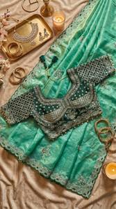 Sari de Diseño con Bordado de Loto y Blusa Preconfeccionada, Sari de Satén Suave para Fiestas, Colección de Exportación - Product Image 3