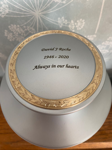 Silver Brass Cremation Urn <b>Keepsake</b> Memorial <b>Ashes</b> Jar Adult Burial Vessel with Gold Band Custom Engraving - Product Image 4