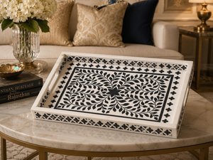 Plateau rectangulaire de luxe artisanal en os incrusté avec motif géométrique en mosaïque, plateau de service décoratif pour table basse et décoration intérieure - Product Image 5
