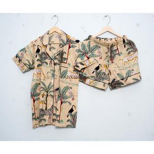 Luxurious 100% Cotton Casual Short Sleeve V-Neck Drawstring Pajama Set for Women Block Print Knitted Fabric Quick Dry Summer - Product Image 3