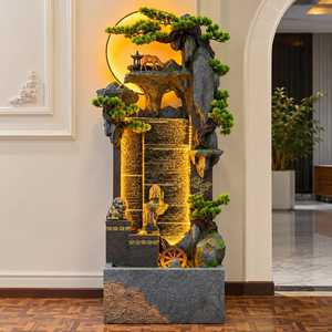 Fuente de Agua en Cascada con Diseño de Montaña Zen Japonesa, Escultura de Bonsái de Piedra, Iluminada, con Figura de Ciervo - Product Image 1
