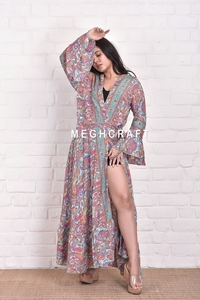 Wholesale Assorted Women's Bohemian V Neck Full Flared Sleeve Slit Beach Party Maxi <b>Dress</b> Fancy Kimono Wrap <b>Dress</b> MEGHCRAFT - Product Image 3