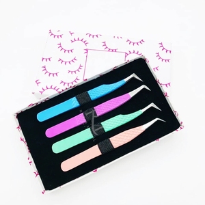 4 pinces à cils avec revêtement en poudre, 3 pointes différentes, pinces à pointe fine argentées / couleur personnalisée, emballage en boîte de 4 pièces - Product Image 2