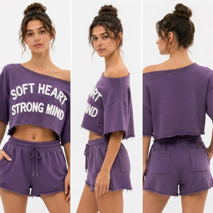 Cropped Off Shoulder Sweat <b>Shorts</b> <b>Set</b> French Terry Distressed Hem Sweat <b>Shorts</b> <b>Short</b> Sleeve Embroidered Crop <b>Top</b> Fleece Crop <b>Set</b> - Product Image 5