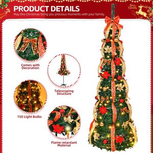 Albero di Natale Artificiale Pop-up da 180 cm Completamente Decorato con 150 Luci Rosse e Dorate a Batteria, Set Decorativo Pre-Illuminato per Feste Natalizie - Product Image 3