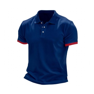 Polo de Golf Azul Personalizado para Hombre con Puños Rojos en Contraste, Manga Corta, Ropa Deportiva Informal, Transpirable, de Algodón Piqué, Camiseta Atlética - Product Image 1