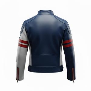 เสื้อแจ็คเก็ตมอเตอร์ไซค์หนังแท้สำหรับผู้ชาย สีน้ำเงินขาว ลายสายฟ้า  แบบนักแข่ง  บุไหล่  รับผลิตตามแบบ (OEM) ขายส่งจากโรงงาน - Product Image 3