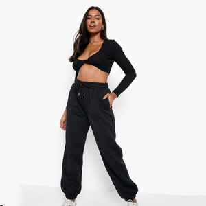 Women 2 Piece Tracksuit Set <b>Black</b> Knitted <b>Long</b> <b>Sleeve</b> <b>Crop</b> <b>Top</b> Jogger Pants Casual Wear All Seasons Solid Color Loose Fit - Product Image 1
