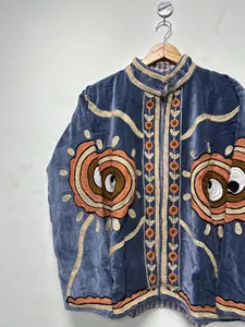 Veste en velours bleu premium brodée Suzani avec motif œil, manches longues, col montant, style bohème, manteau d'hiver pour femme - Product Image 6
