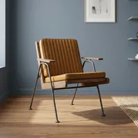 Fauteuil lounge vintage en cuir marron cousu main avec structure en bois, pieds en métal, siège rembourré, fauteuil d'appoint moderne pour salon