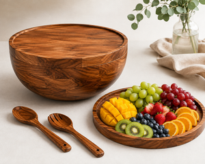 Juego de Tazones de Madera para Servir, Tazón para Mezclar Ensaladas, Cucharas Hechas a Mano, Ecológicas, Plato para Frutas para Fiestas, Diseño Moderno y Minimalista para Cocina - Product Image 1
