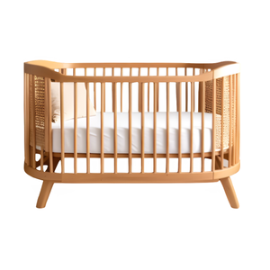 Lit bébé sculpté en acajou, mobilier de chambre d'enfant fait main d'Indonésie, tissu bleu ciel - Product Image 1