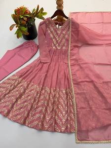 Pink Anarkali Suit Embroidered Indian Dress Sharara Set V Neck Floor-Length Loose Fit Sun Protection Net Dupatta Wedding - Product Image 6