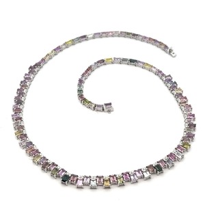 Collar de tenis de oro blanco de 18 quilates con diamantes multicolor arcoíris y cadena tipo caja |   Collar de Lujo con Piedras Preciosas para Unisex - Product Image 2