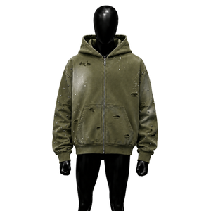 Sudadera con capucha oversize para hombre Olive Zip-Up, estilo streetwear, de algodón French Terry, con diseño de estampado roto y efecto spray, para otoño, uso diario. - Product Image 1