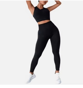 Women's 2 Piece Yoga Set High Waist <b>Leggings</b> Crop Top Sleeveless Racerback Solid <b>Black</b> Spandex Polyester Seamless Full Length - Product Image 1