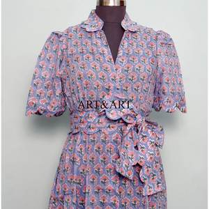 Robe en coton artisanale de qualité supérieure, imprimée au bloc, pour femmes, à manches courtes, et robe de fête pour filles, à prix de gros - Product Image 4
