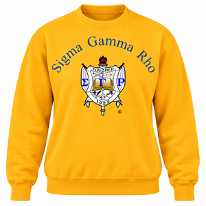 Sudadera de Cuello Redondo Amarillo Dorado de Sigma Gamma Rho con Gráfico del Escudo de la Hermandad y Letras Azules, Sudadera Informal - Product Image 3