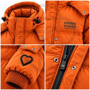 เสื้อแจ็คเก็ตพัฟเฟอร์มีฮู้ดสีส้มสำหรับผู้หญิง ยี่ห้อ Prime Power  หนา อุ่น เหมาะสำหรับฤดูหนาว พร้อมลายปักรูปหัวใจ เสื้อคลุมลำลอง ส่งตรงจากโรงงาน - Product Image 3